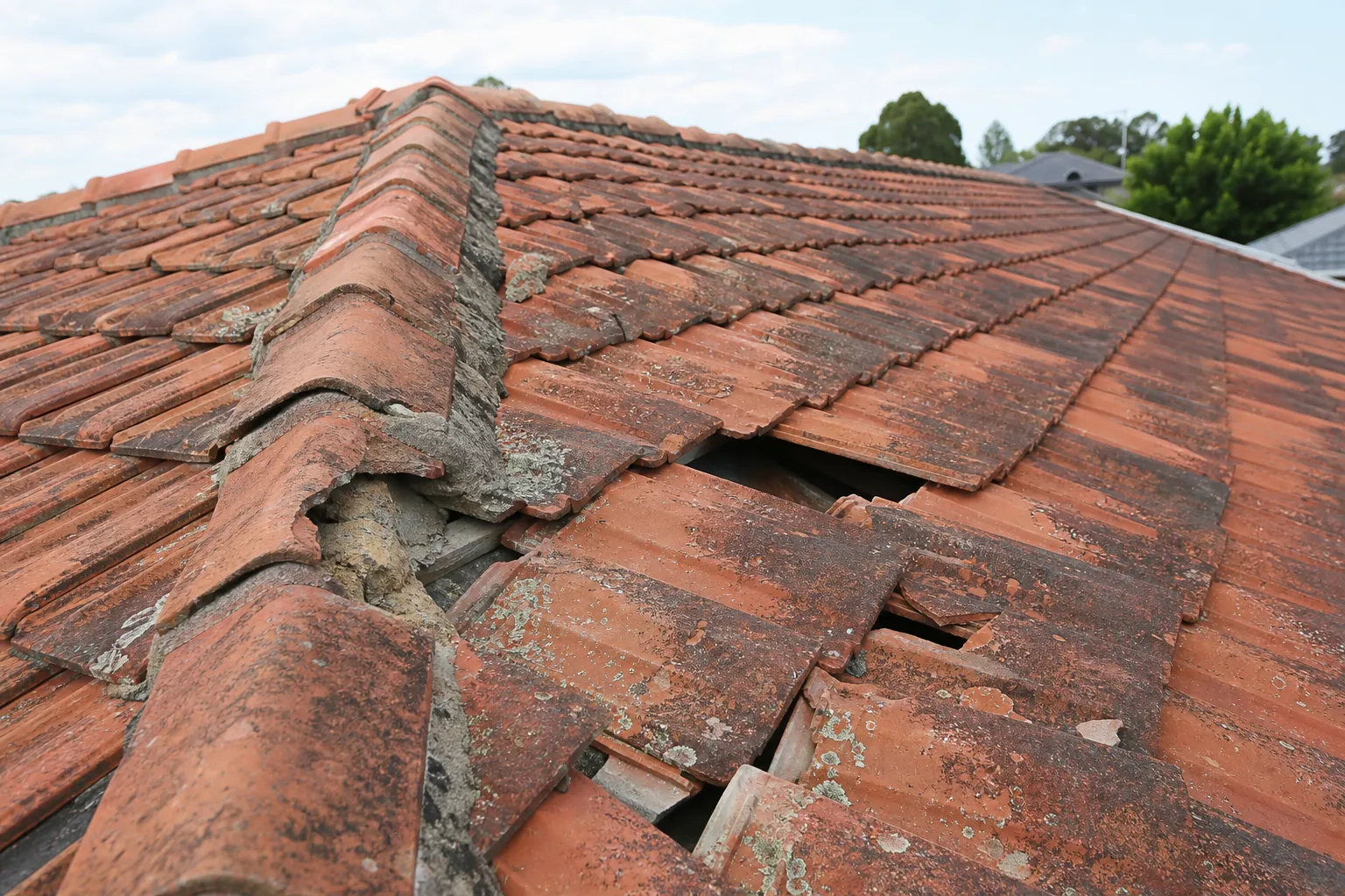 Aged terracotta tile roof on a mid-century brick-and-tile home in Melbourne's northern suburbs, showing weathered ridge capping