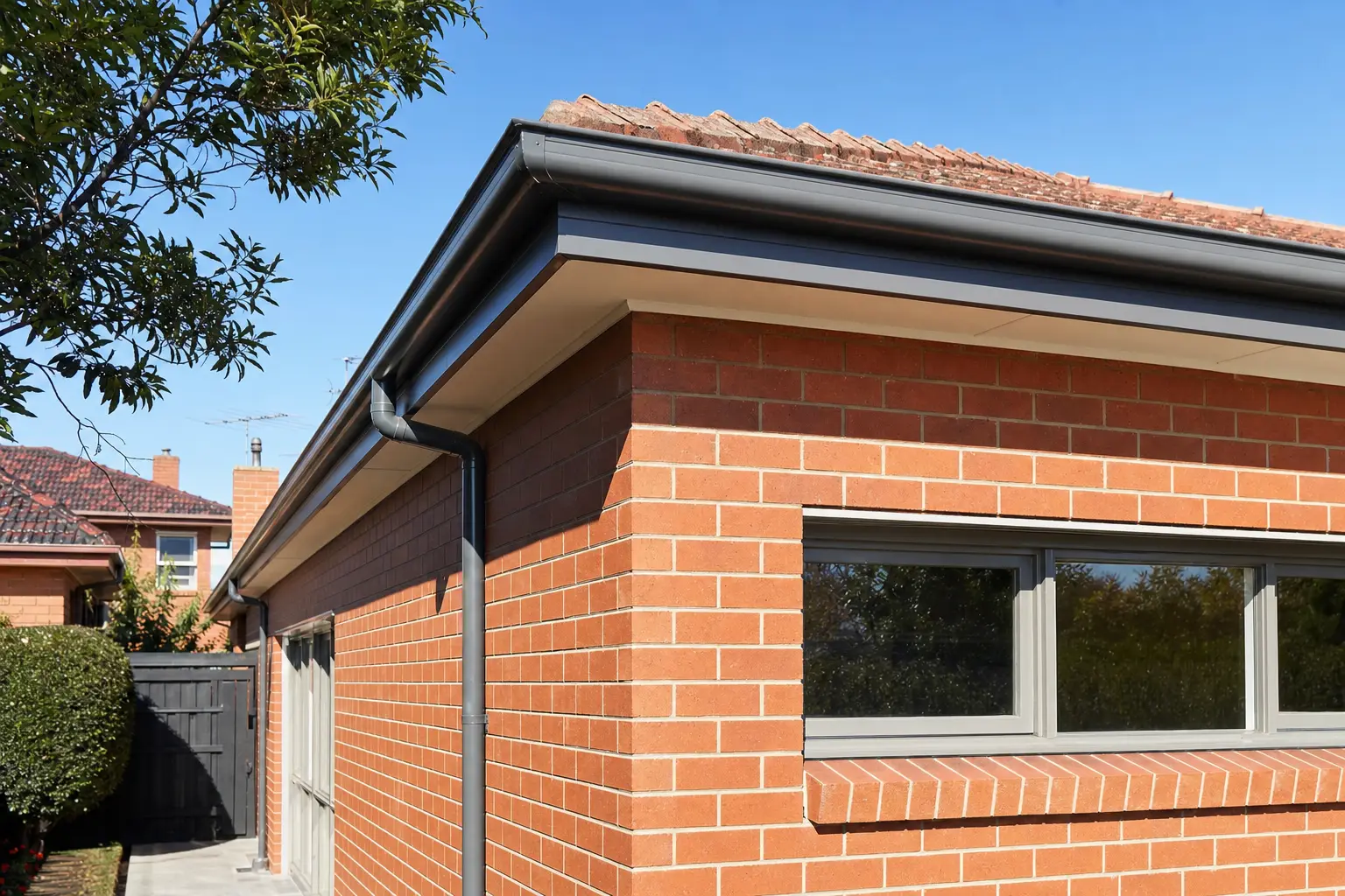 New monument-grey Colorbond gutters, fascia and downpipe installed on a red-brick Melbourne northern suburbs home
